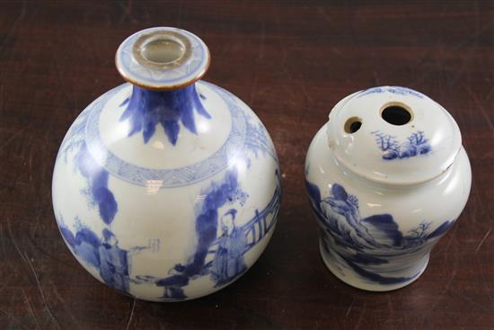 A Chinese blue and white huqqa base and a similar opium pipe base, Kangxi period, 12cm., rim chips